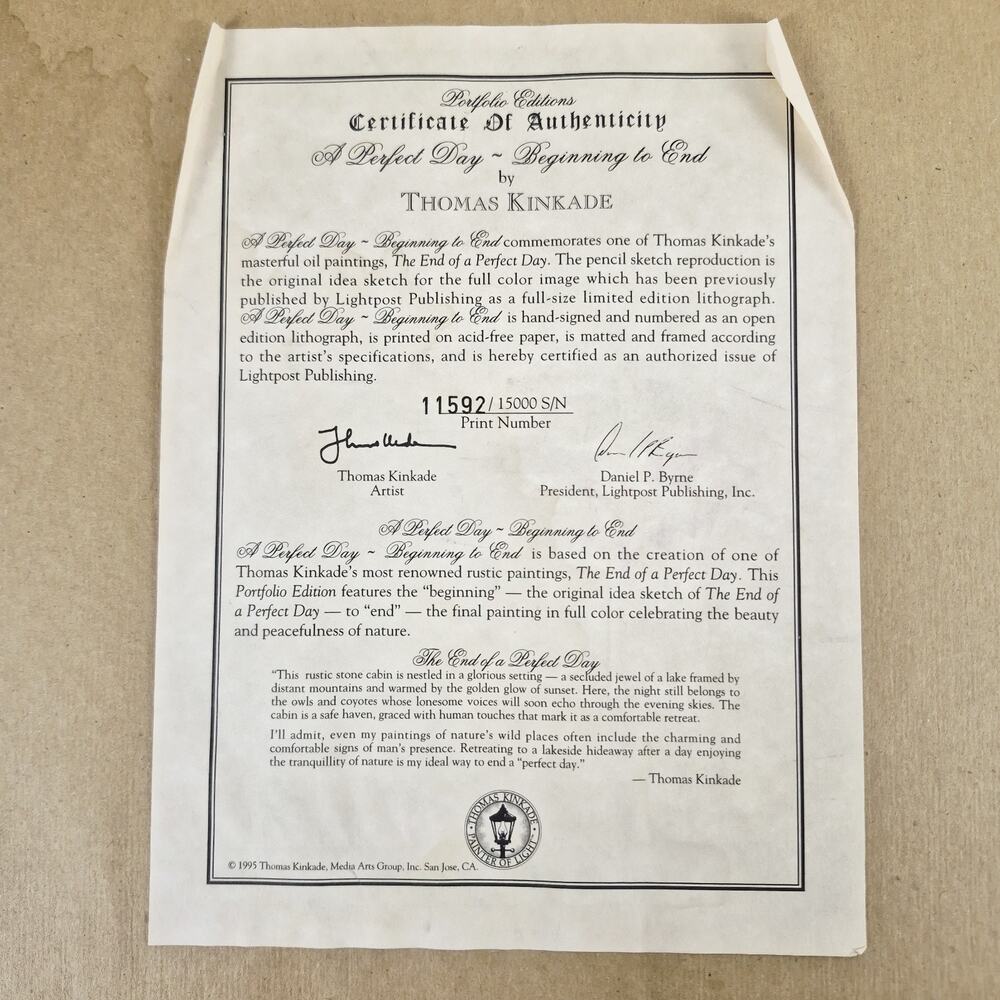 Thomas Kinkade A Perfect Day Beginning to End Gold Frame Signed Art Piece & COA - Picture 7 of 10